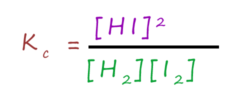 Expression to show how to calculate the value of the equilibrium constant for the preparation of hydrogen iodide gas from hydrogen and iodine.